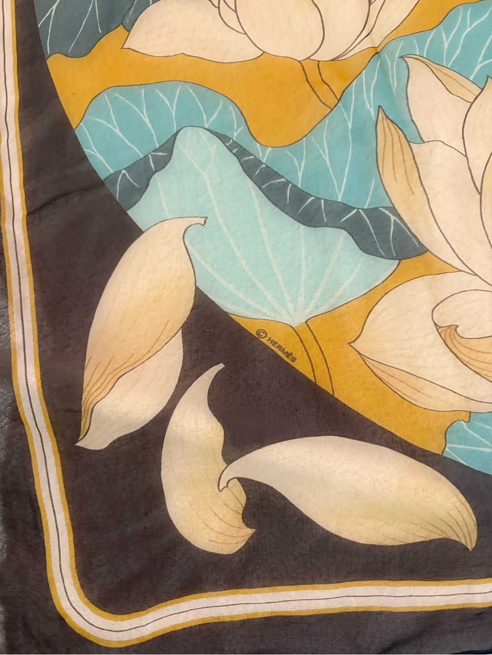 HermèsFleurs de Lotus Silk Scarf in Aqua, Mustard & Dark Blue - Picture 6 of 11